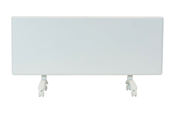 Slim white rectangular electric panel heater with rounded corners and two feet that work as stands and have wheels