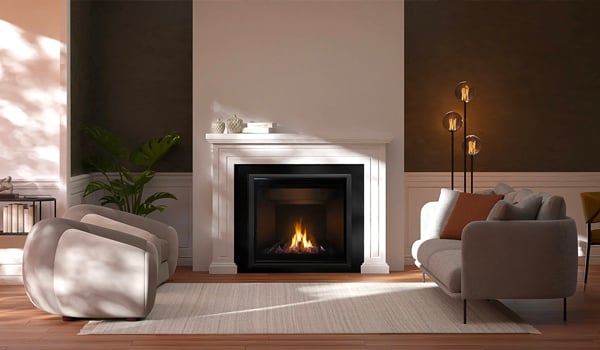 Minimalist living room with comfortable furniture with an black inbuilt gas fire that demands your attention