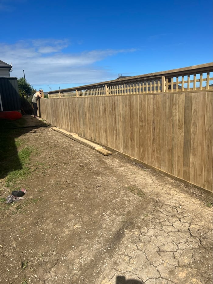 New fence with a trellis design on top and dry dirt in need of new soil and grass