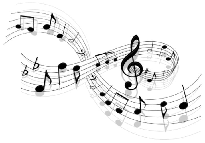 Written music notes that flow across the screen like two gusts of wind