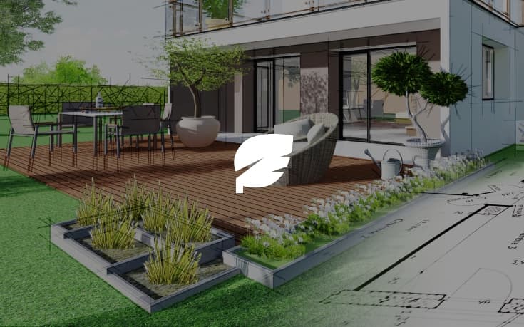 Backyard design concept sketch with a large wooden deck, outdoor dining area, and a big comfortable looking seat