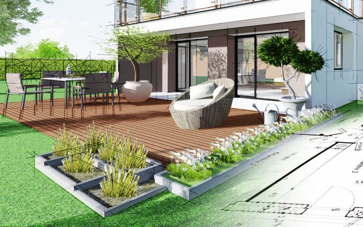 Backyard design concept sketch with a large wooden deck, outdoor dining area, and a big comfortable looking seat