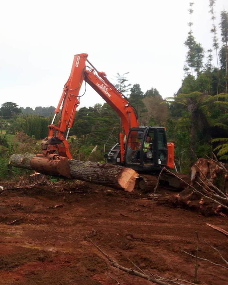 Large orange digger with a claw bucket lifting a massive piece of timber in the middle of a field surrounded by nature