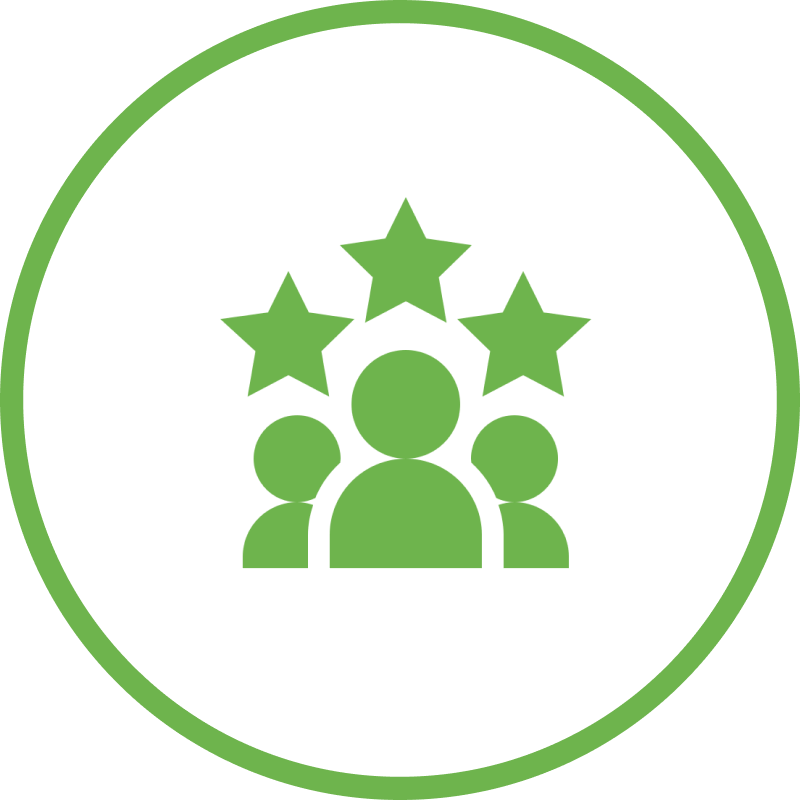 Three green people with stars above their heads, all in a green circle outline