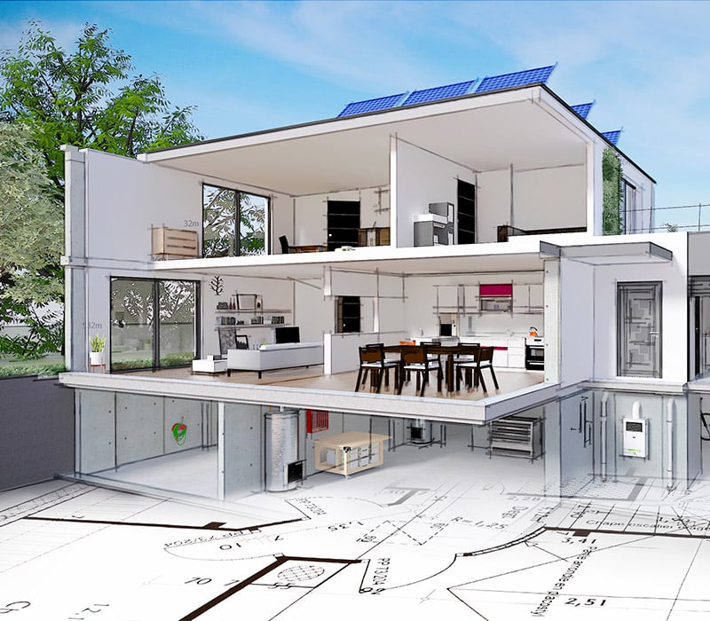 Three-story house concept with a double car garage, spacious workshop, kitchen, living room, and bedroom, all amongst nature
