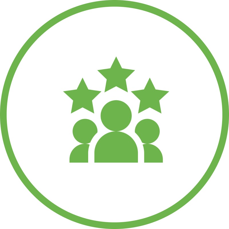 Three green people with stars above their heads, all in a green circle outline