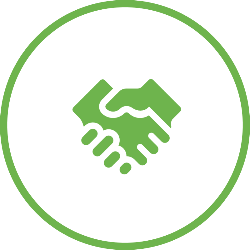 Two green hands shaking in a green circle outline