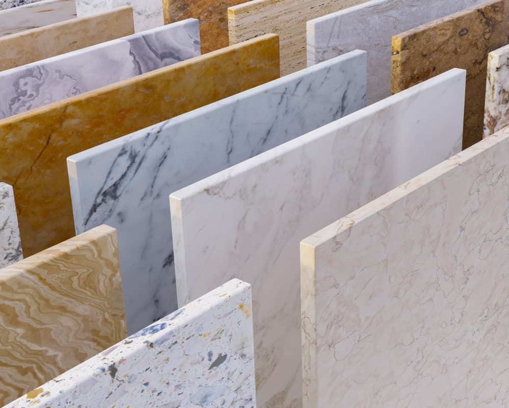 Range of different natural stone benchtops all with different colours and patterns